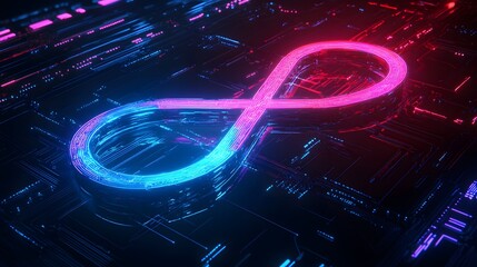 Neon Infinity Symbol On Futuristic Circuit Board