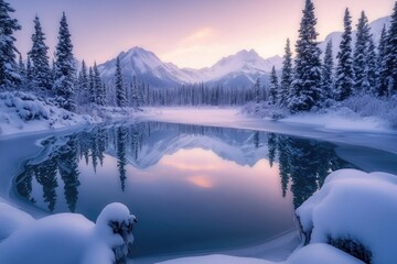 Obraz premium Snow-covered trees surrounding a frozen lake
