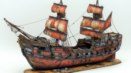 Detailed model of a historic sailing ship with red and blue sails, on a wooden base against a white background.