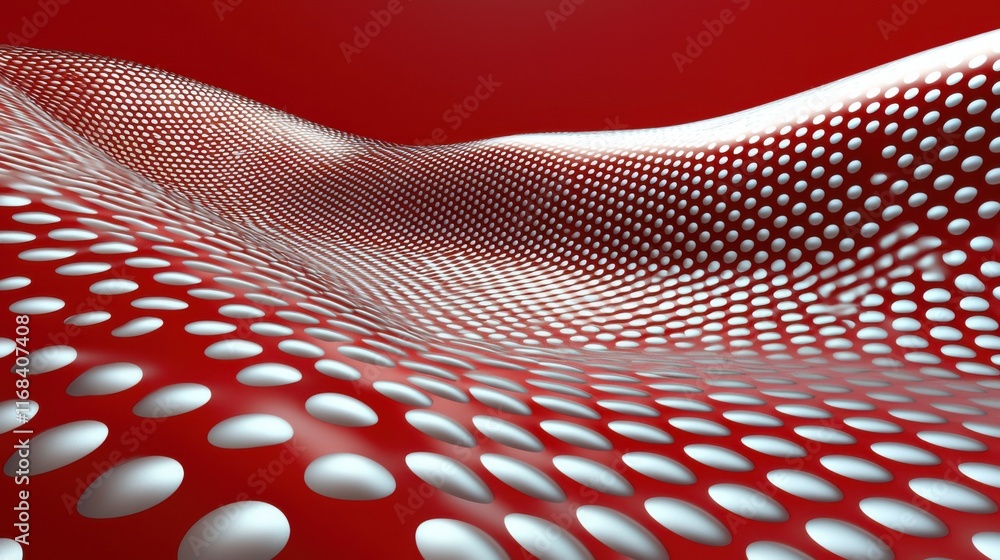 Poster abstract design featuring a flowing pattern of white dots on a vibrant red background, creating a mo