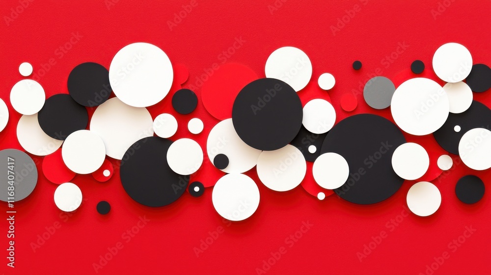 Poster abstract design featuring bold red background with overlapping circles in black, white, and gray for