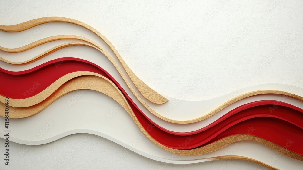 Poster abstract design featuring flowing lines in red and beige tones against a minimalist background, perf