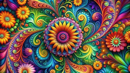 Vibrant psychedelic swirls of colors entwined with floral patterns, evoking a sense of harmony and balance, love
