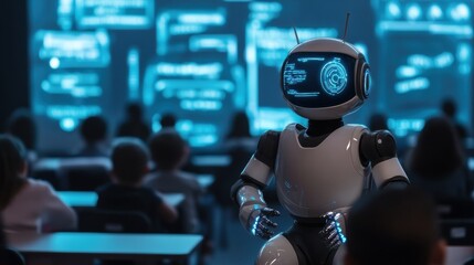 Fototapeta premium A humanoid robot teaching children in a digital classroom with holographic screens