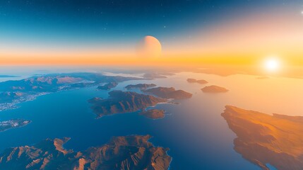 Alien planet sunset over islands and ocean.