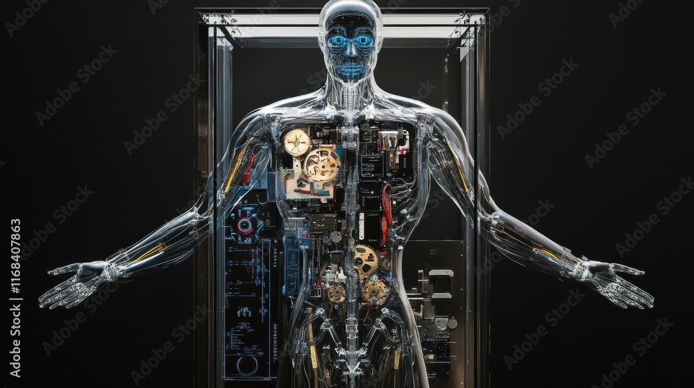 Poster a humanoid robot with transparent panels revealing internal gears and circuits