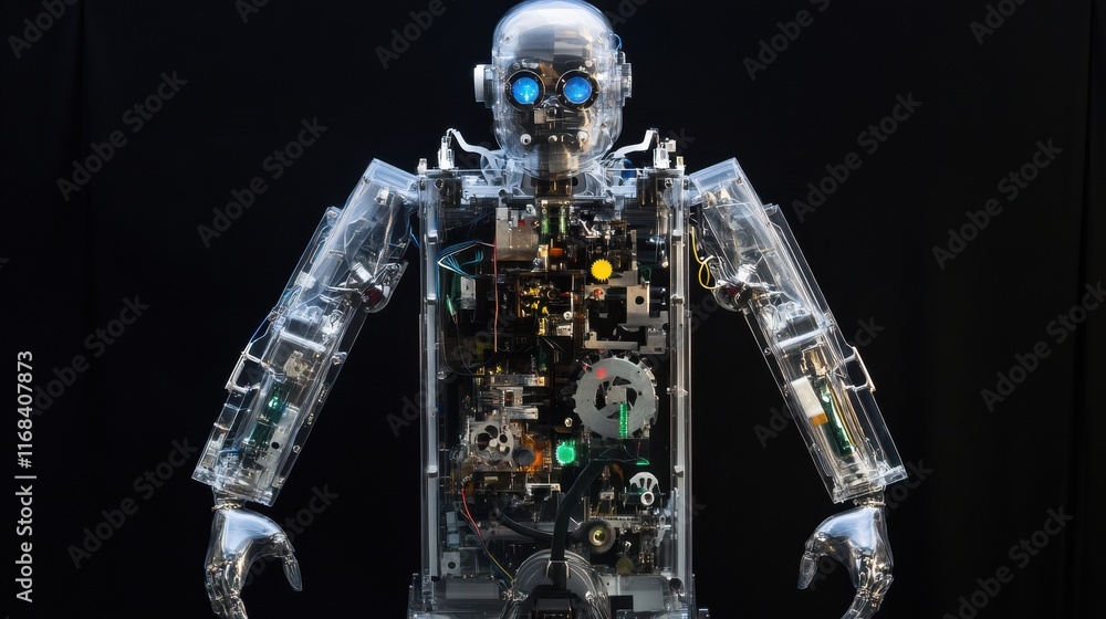 Poster a humanoid robot with transparent panels revealing internal gears and circuits
