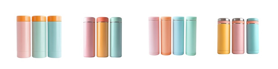 Set of Colorful Thermos Flask Travel Bottles on Transparent Background