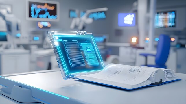 High-Tech Medical Workspace with Digital Display and Open Book
