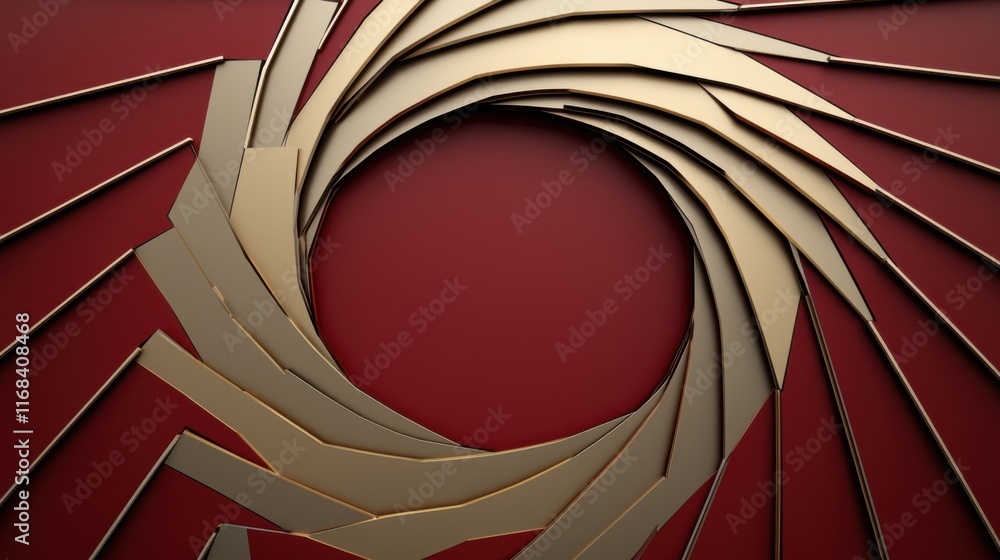 Poster an abstract spiral design featuring layered golden and red shapes, creating a dynamic and modern vis