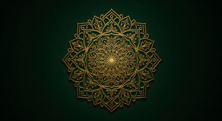An intricate mandala design in gold on a dark green background