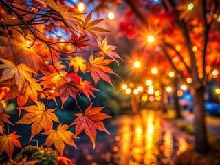 Autumn Night Photography: Vibrant Leaves Background - Stock Photo
