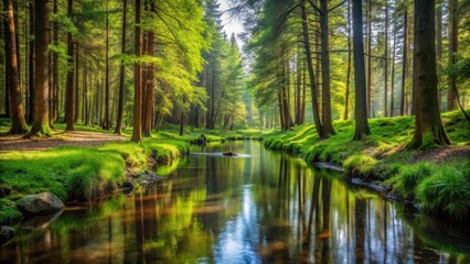 Fototapeta premium Serene forest with a calm stream flowing through it, surrounded by tall trees and lush greenery, calm, nature, calm