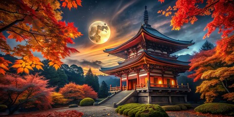 Obraz premium Autumn Night Temple: Red Leaves Illuminated in Darkness