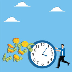 Long Term Investment Programs, Time Management and Wealth Programs, Time is Money, Businessman Turns the Clock to Make the Clock Run and Money Fly from the Clock