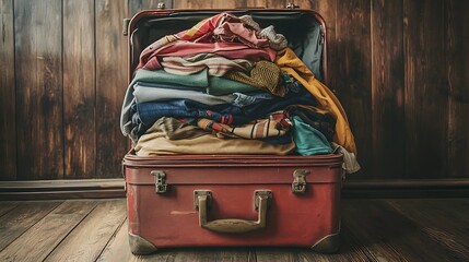 Vintage suitcase overflowing with neatly stacked clothes.