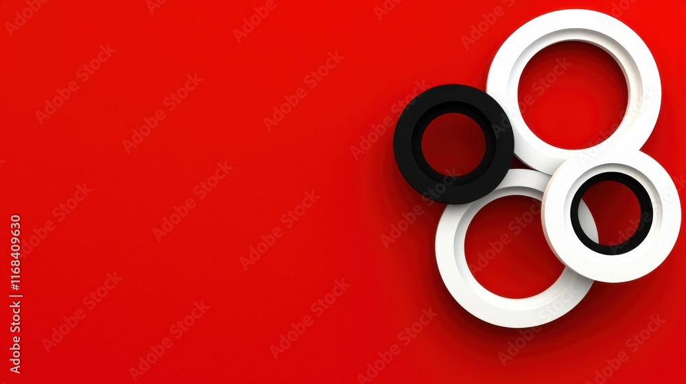 Poster dynamic abstract design featuring overlapping circles in contrasting colors on a bold red background
