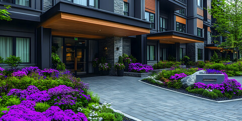 Modern apartment building entrance with landscaped gardens.