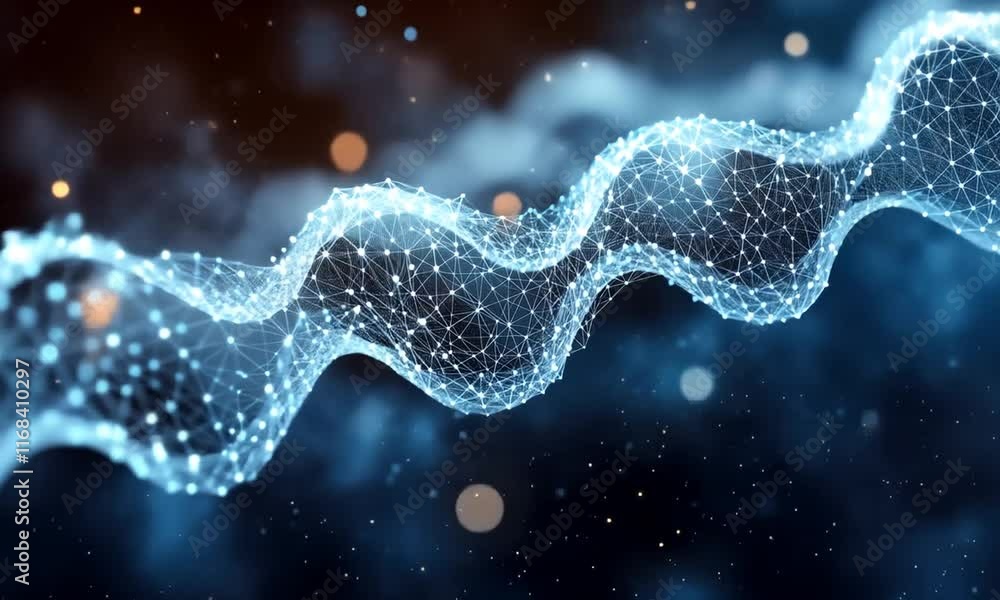 Poster abstract digital waveform: a mesmerizing visualization of interconnected nodes forming a dynamic, fl