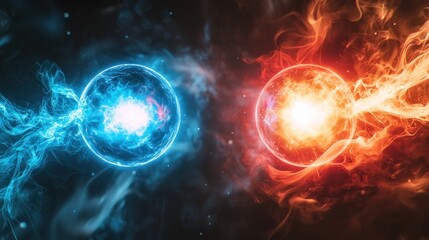 Fototapeta premium Clash of Elements: Celestial Fire and Ice Spheres Colliding in a Cosmic Dance of Energy