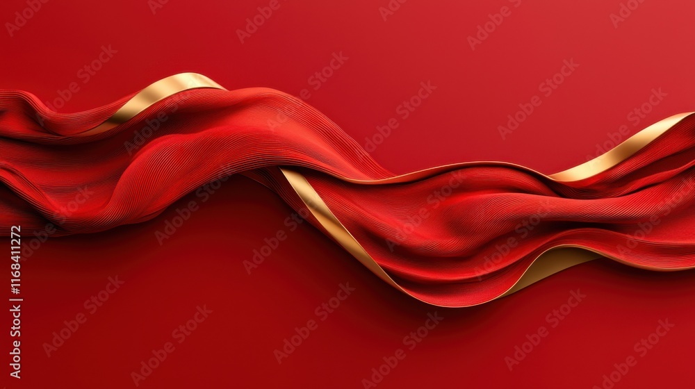 Poster elegant red silk fabric gently flowing with a golden edge, perfect for creating luxurious background