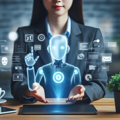 AI Generate of Businesswoman holding hologram digital chatbot, robot application, conversation assistant, a digital chatbot on virtual screen