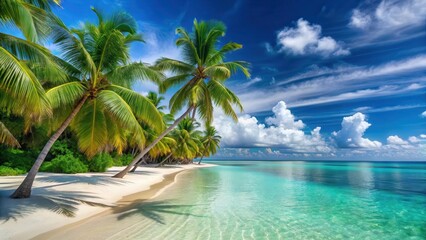 A picturesque palm tree-lined beach with crystal-clear turquoise waters and powdery white sand , tropical beach, ocean view