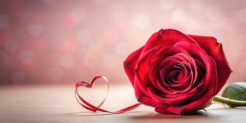 A red rose with a heart-shaped center and curved petals, set against a soft pink or white background