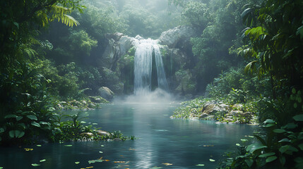 A tranquil jungle stream surrounded by dense pothos vines, with a rocky waterfall as the background, during a misty morning