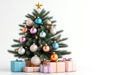 A decorated Christmas tree with colorful ornaments and gifts.
