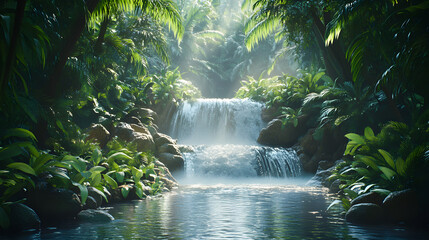 A tranquil jungle stream surrounded by dense pothos vines, with a rocky waterfall as the background, during a misty morning