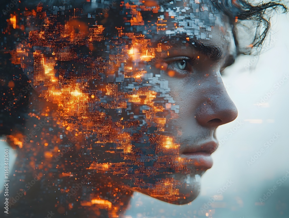 Poster surreal digital portrait of face fragmenting into fiery pixels concept of identity in technological 