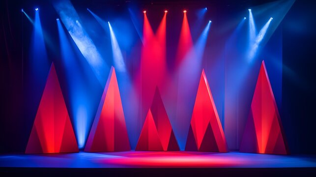 Stage design with red triangular structures and blue lighting