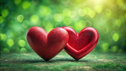 Obraz premium Two red hearts entwined, forming a perfect pair, symbolizing unity and love, nestled in a lush greenery background