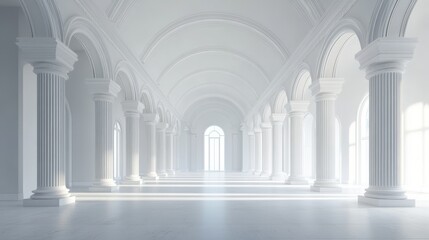 Naklejka premium Sunlit classical hall with white columns and arched ceilings.
