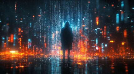 Hacker Cybercrime Theme with QR Code in Dark Cyberpunk Cityscape