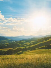 a picturesque landscape of rolling hills bathed in sunlight. The foreground features fields of golden grass, while the hills in the middle ground are covered in patches of green