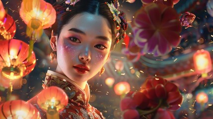 Chinese model woman, Aura Beauty makeup, lavender blush, holographic highlighter, red pink dress, lanterns, floral patterns, festive New Year celebration, beauty, fashion campaigns, futuristic.