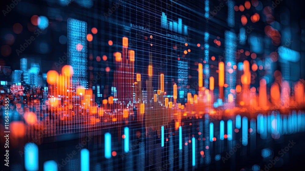 Poster colorful digital data visualization with vibrant graphs and lines representing financial trends and 