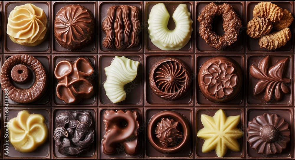Poster a close up of many different shaped chocolates. the chocolates are of various shapes and sizes, and 