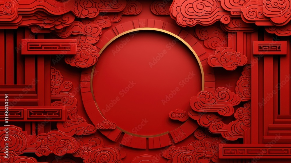 Poster vibrant red texture with intricate cloud patterns and a circular frame, perfect for cultural themes 