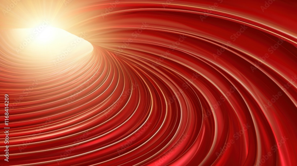 Poster vibrant swirling red lines create a dynamic wave, suggesting motion and energy with a bright light s