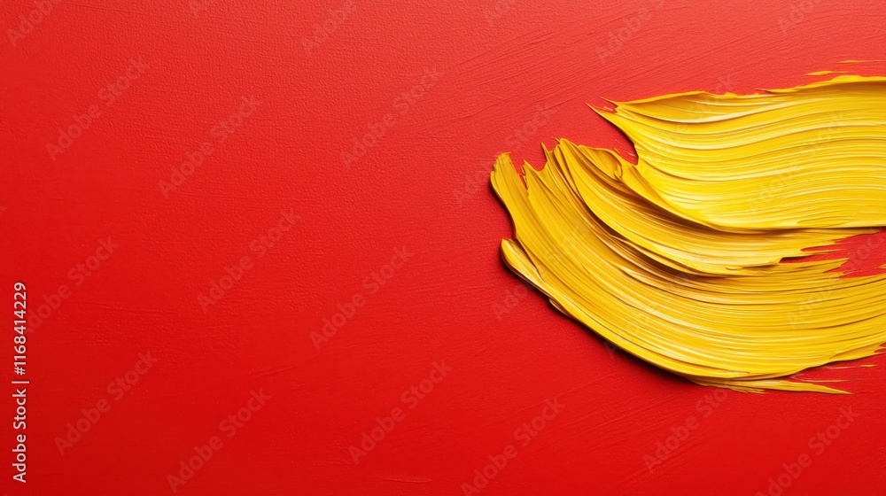 Poster vibrant yellow paint streaks across a bold red canvas, creating a dynamic visual contrast and artist