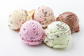 Mixed ice cream scoops with cone on white background