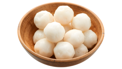 Fish Balls in Wooden Bowl:  A close-up shot of a bowl filled with smooth, white fish balls, ready to be enjoyed. The wooden bowl adds a touch of rustic charm, making this image perfect for food blogs.