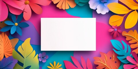 Colorful paper flowers and leaves surrounding a blank card.