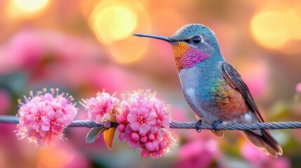 Fototapeta premium Vibrant Hummingbird Perched on Wire Among Colorful Flowers in Sunlight