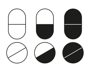 Tablet icons. Linear style pills. Different shapes and forms of capsules for medicines. Medicines, pharmaceutical products. Vector illustration
