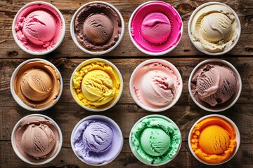 Vibrant Italian ice cream flavors in individual tubs on rustic table