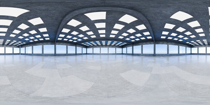 Full seamless spherical hdri panorama 360 degrees in the interior of a futuristic garage, warehouse, corridor. Wide hangar, exhibition hall, 360 panorama. Car garage. 3d render.